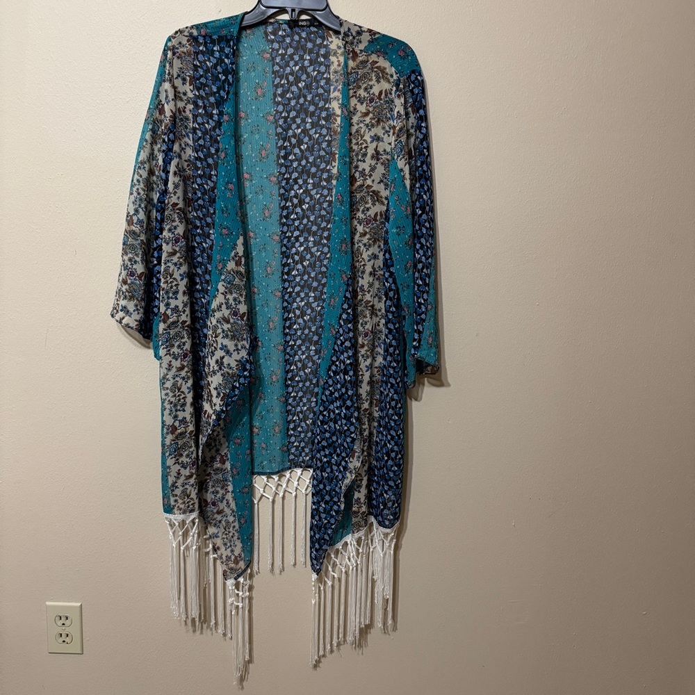 Ing Blue and White Fringe Trim Poncho - Picture 2 of 11
